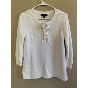 Tommy Bahama White Knit Lace Up Sweater S/P 3/4 Sleeve Casual Pullover Top